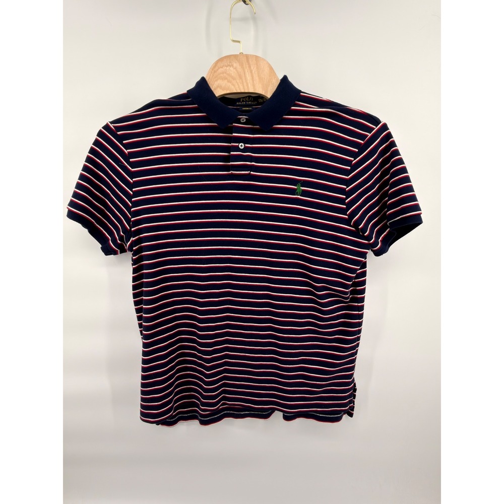 Polo Ralph Lauren Shirt Mens XXL Custom‎ Fit Striped Navy Red Cotton Green Pony